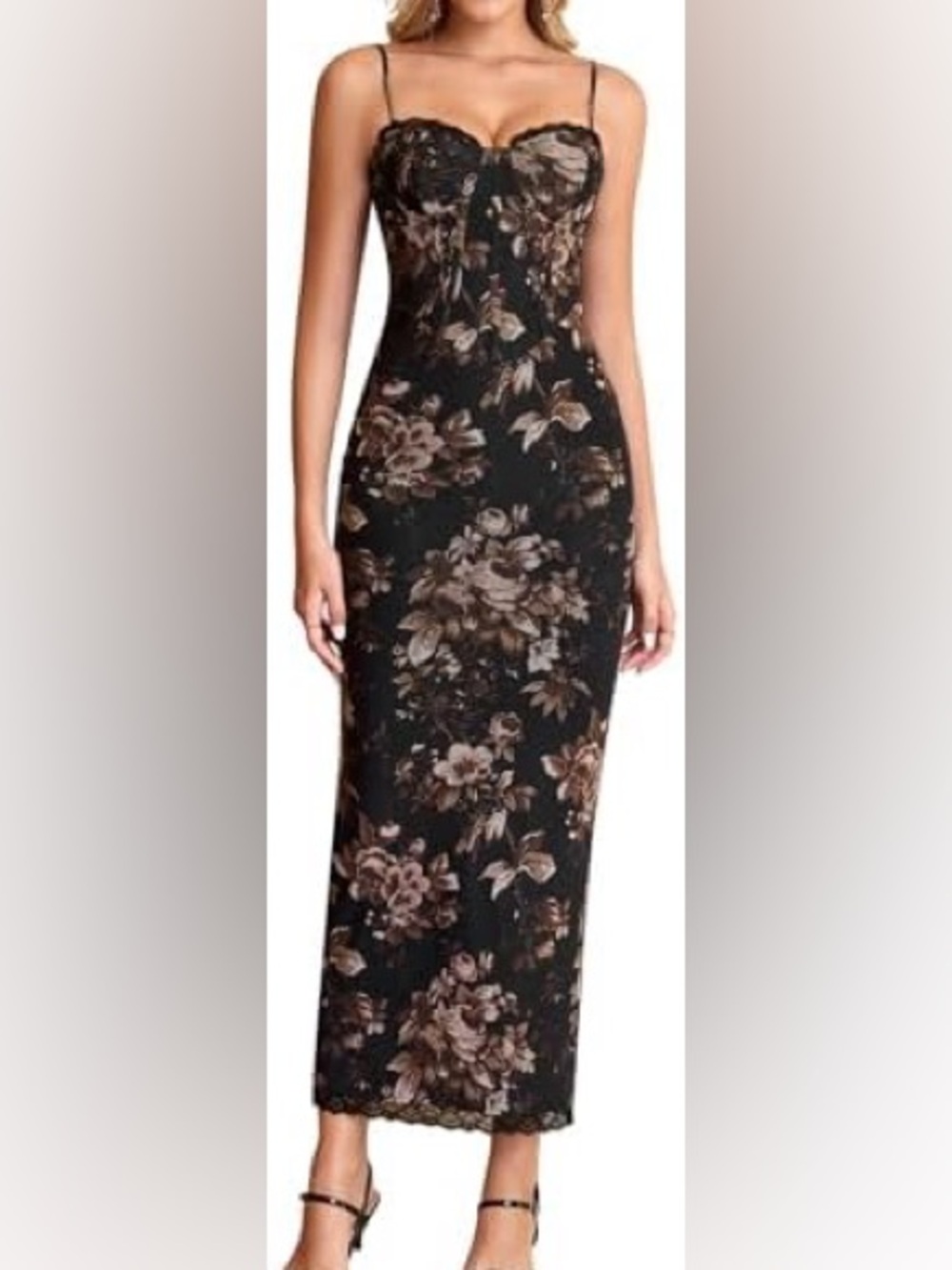 Black Floral Maxi Dress with Sweetheart Neckline by